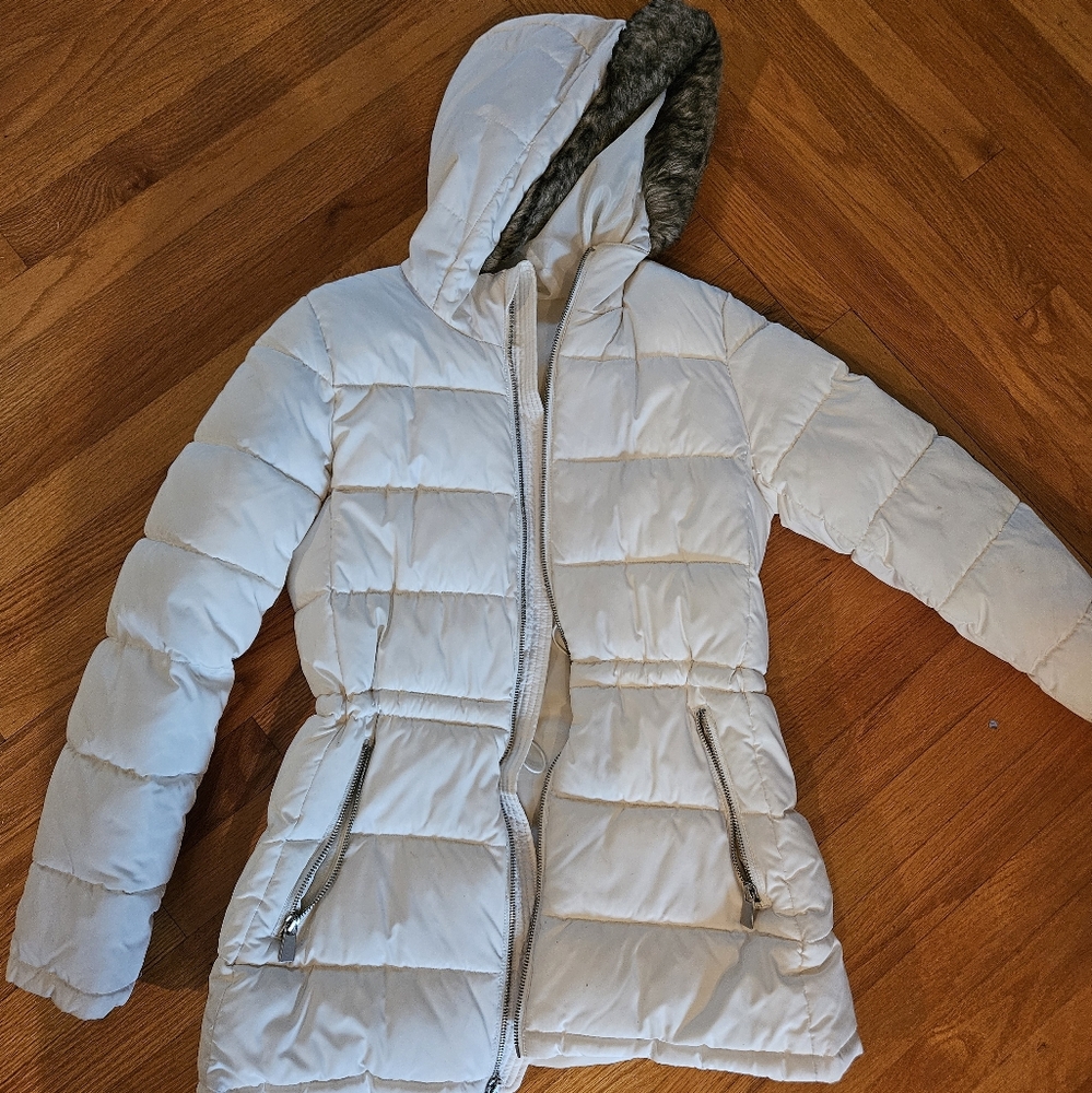 Gap White Puffer Coat Cinch Waist Faux Fur Hood Small S